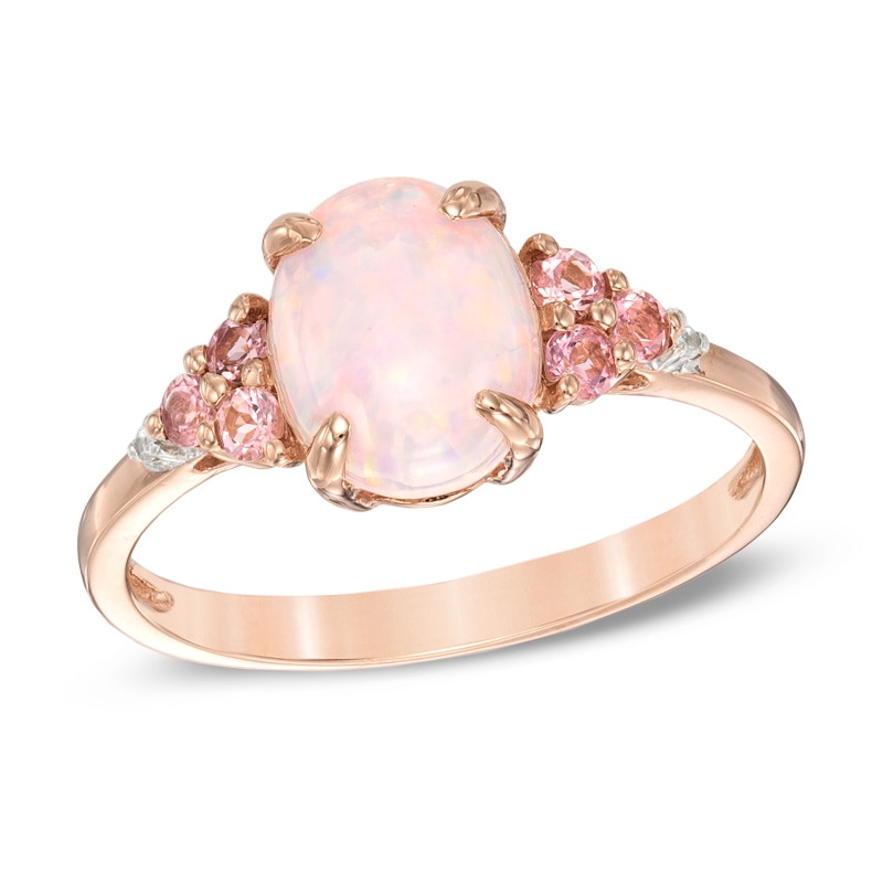 Main Image 1 of Previously Owned -  Lab-Created Pink Opal, Sapphire and Tourmaline Ring in Sterling Silver with 14K Rose Gold Plate