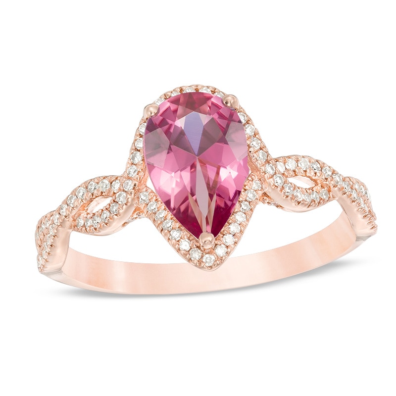 Main Image 1 of Previously Owned - Pear-Shaped Pink Tourmaline and 1/4 CT. T.W. Diamond Braid Ring in 14K Rose Gold