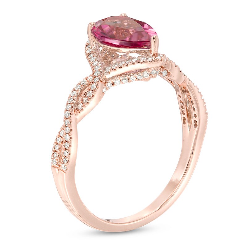 Main Image 2 of Previously Owned - Pear-Shaped Pink Tourmaline and 1/4 CT. T.W. Diamond Braid Ring in 14K Rose Gold