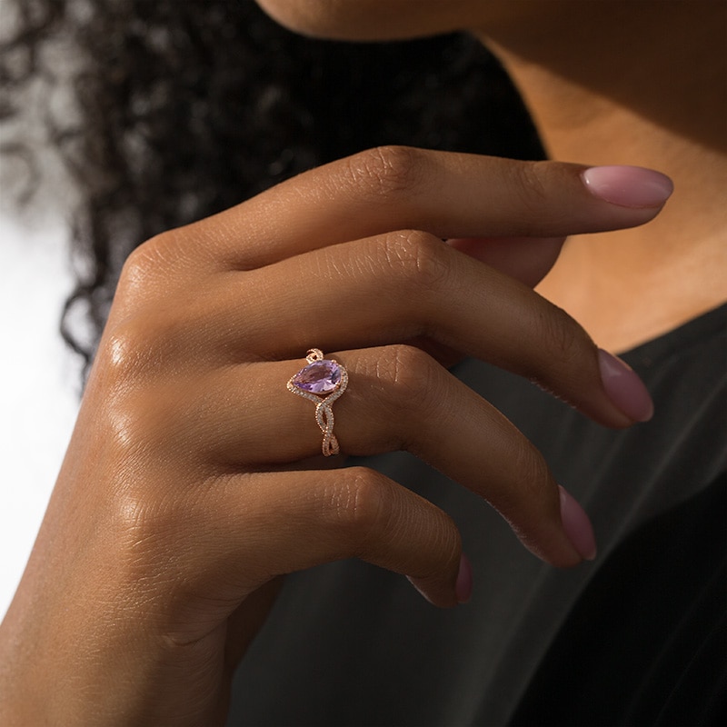 Main Image 3 of Previously Owned - Pear-Shaped Pink Tourmaline and 1/4 CT. T.W. Diamond Braid Ring in 14K Rose Gold