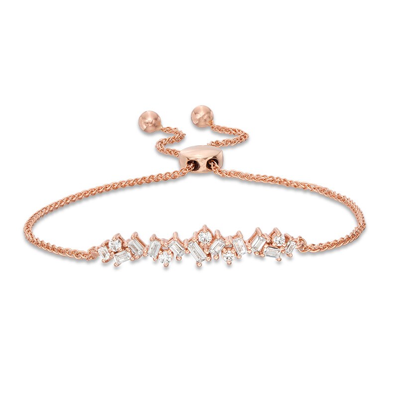 Previously Owned - 1/2 CT. T.W. Baguette and Round Diamond Scatter Bolo Bracelet in 10K Rose Gold - 9.5"