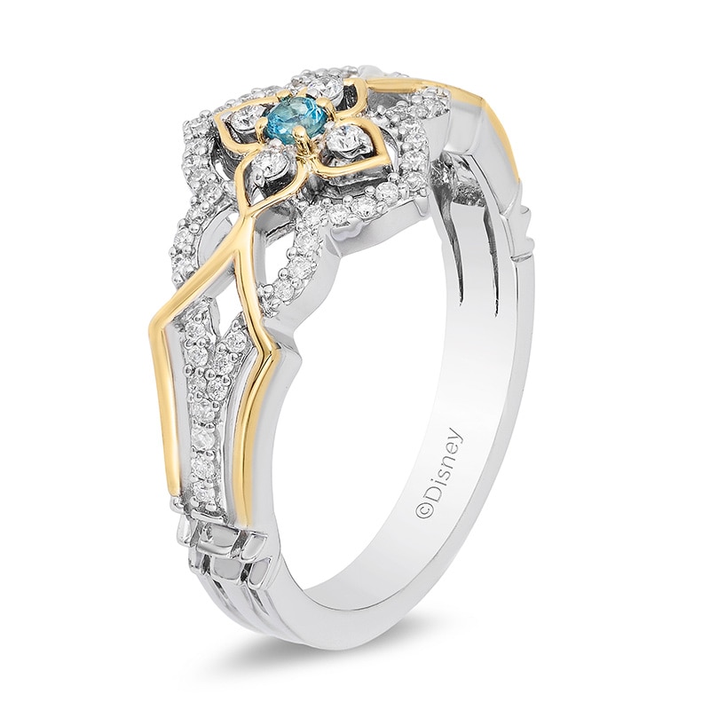 Main Image 2 of Previously Owned - Enchanted Disney Jasmine Blue Topaz and 1/5 CT. T.W. Diamond Ring in Sterling Silver and 10K Gold