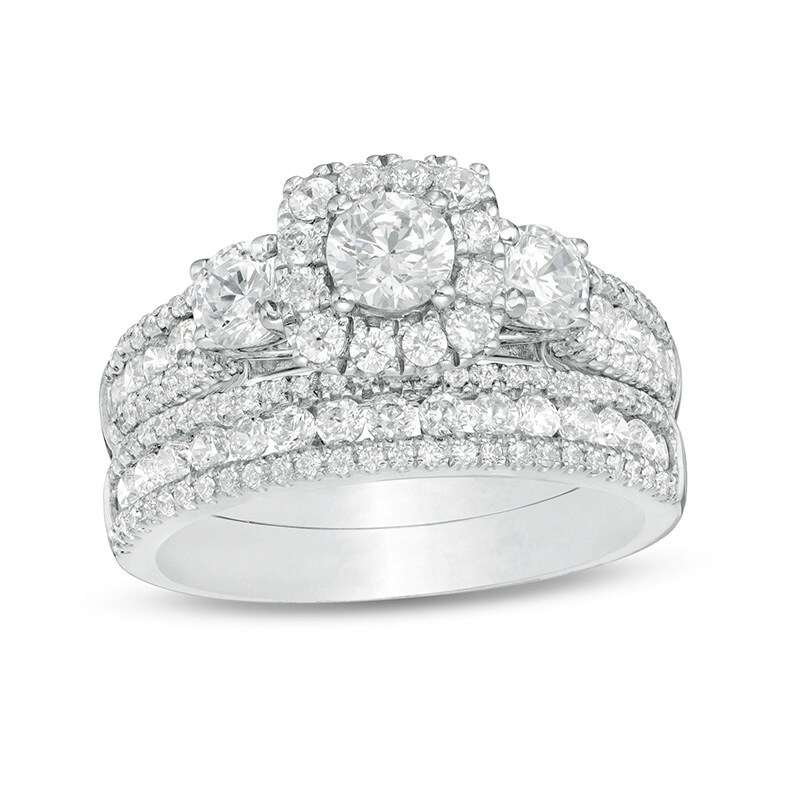 Previously Owned - 2 CT. T.W. Diamond Past Present Future® Cushion Frame Bridal Set in 14K White Gold