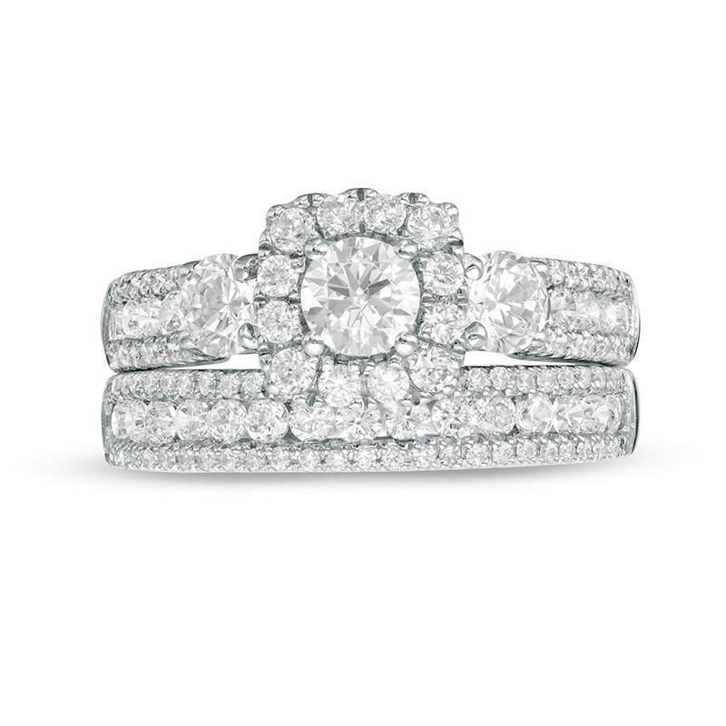 Previously Owned - 2 CT. T.W. Diamond Past Present Future® Cushion Frame Bridal Set in 14K White Gold