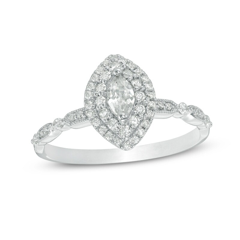 Previously Owned - 1/2 CT. T.W. Marquise Diamond Double Frame Vintage-Style Engagement Ring in 14K White Gold