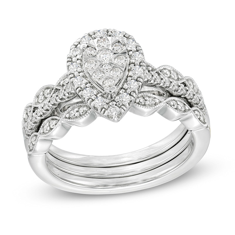 Main Image 1 of Previously Owned - 1/2 CT. T.W. Diamond Pear-Shaped Art Deco Soldered Bridal Set in 10K White Gold