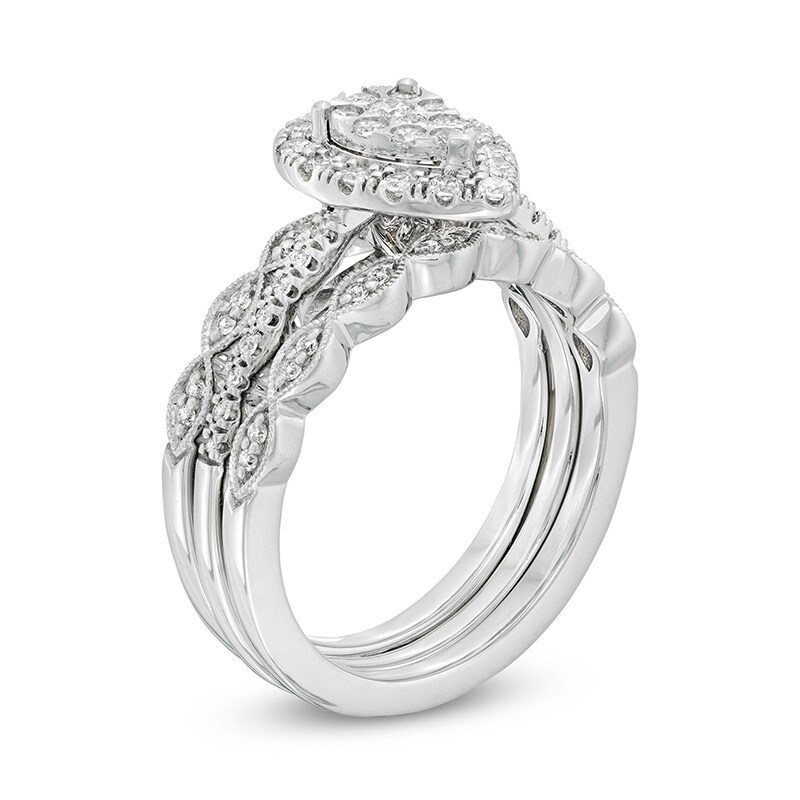 Main Image 2 of Previously Owned - 1/2 CT. T.W. Diamond Pear-Shaped Art Deco Soldered Bridal Set in 10K White Gold