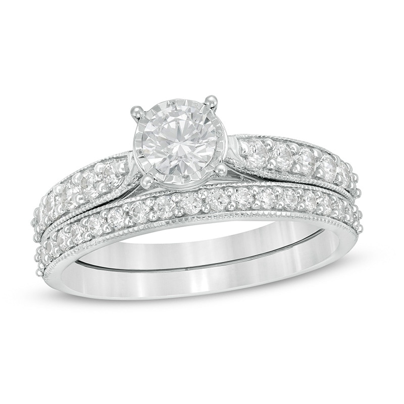 Main Image 1 of Previously Owned - 1 CT. T.W. Diamond Tapered Shank Bridal Set in 10K White Gold