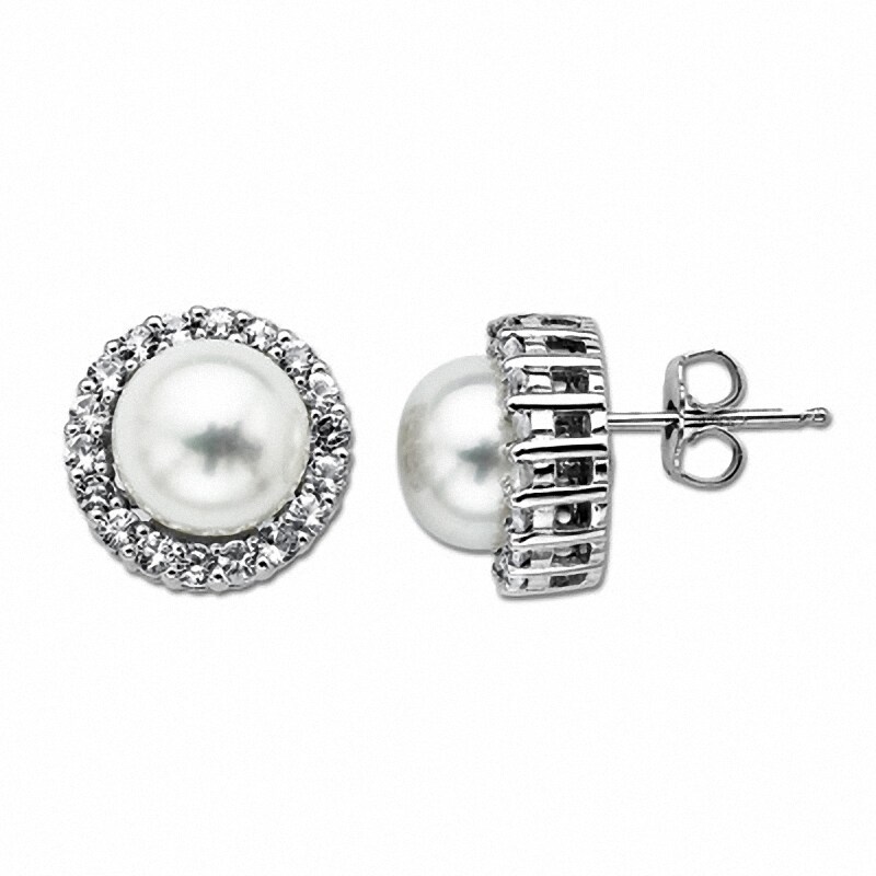 Main Image 1 of Previously Owned-9.0mm Baroque Freshwater Cultured Pearl and White Topaz Stud Earrings in Sterling Silver