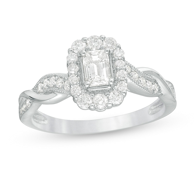 Main Image 1 of Previously Owned - 3/4 CT. T.W. Emerald-Cut Diamond Frame Twist Shank Vintage-Style Engagement Ring in 10K White Gold
