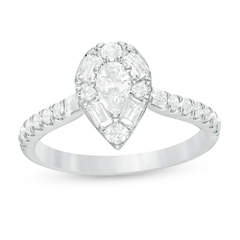 Main Image 1 of Previously Owned - 7/8 CT. T.W. Pear-Shaped Diamond Frame Engagement Ring in 14K White Gold