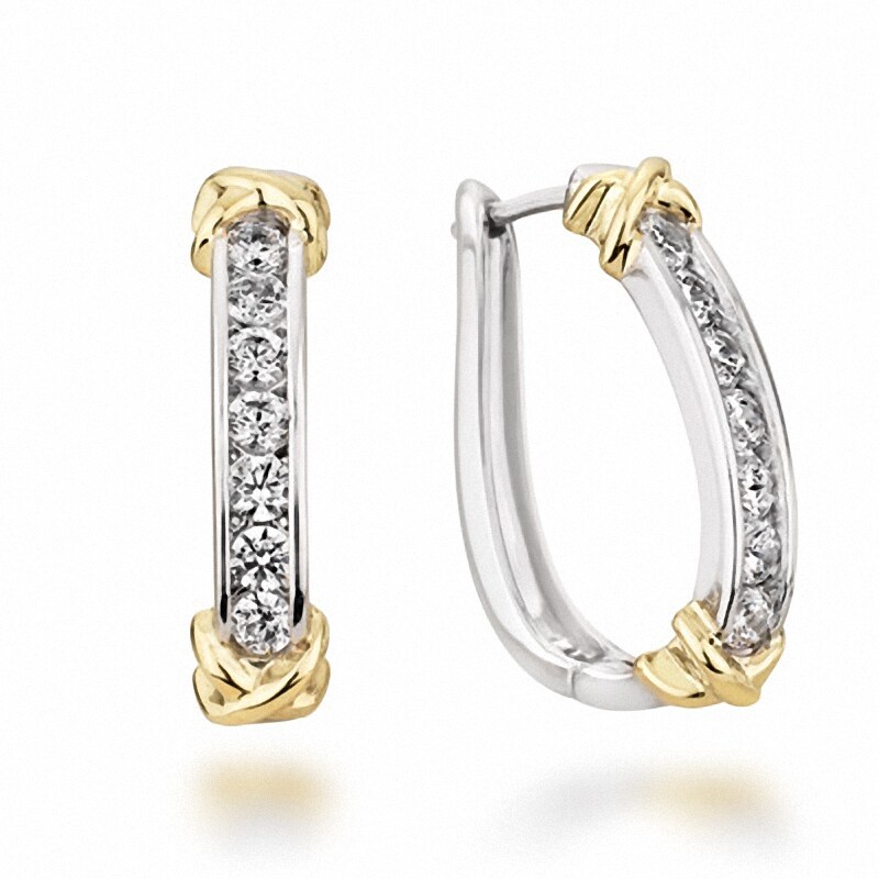 Main Image 1 of Previously Owned - 1/4 CT. T.W. Diamond Channel Hoop Earrings in 10K Two-Tone Gold