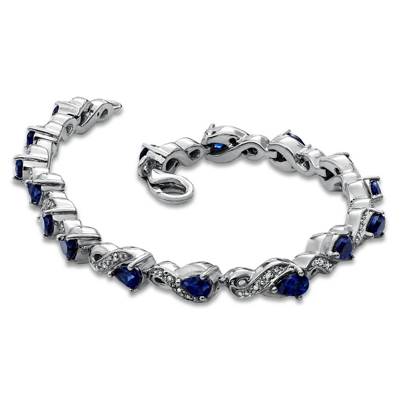 Previously Owned - Pear-Shaped Lab-Created Blue Sapphire and 1/10 CT. T.W. Diamond Bracelet in Sterling Silver