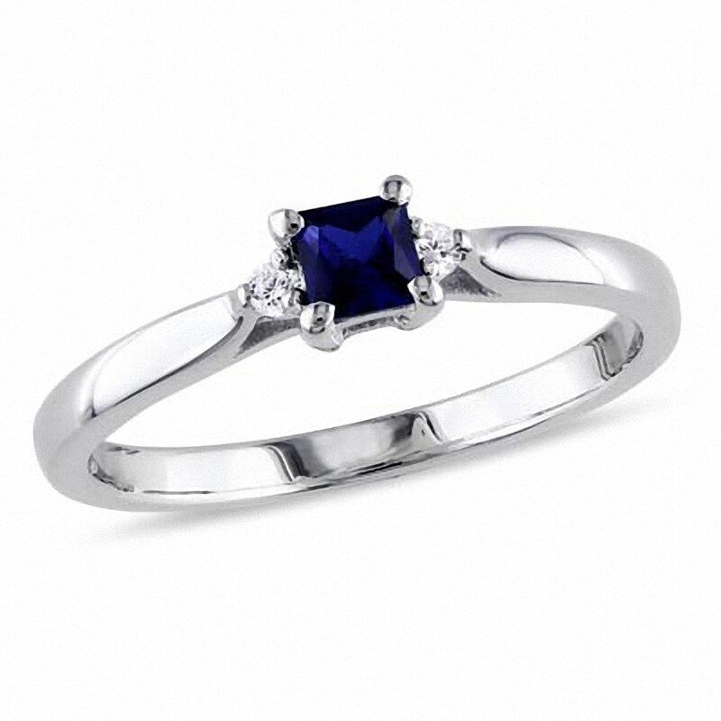 Main Image 1 of Previously Owned - Princess-Cut Lab-Created Blue Sapphire and Diamond Accent Promise Ring in Sterling Silver