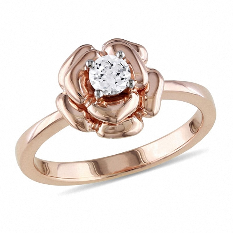Main Image 1 of Previously Owned - 4.0mm Lab-Created White Sapphire Rose Ring in Pink Rhodium Sterling Silver