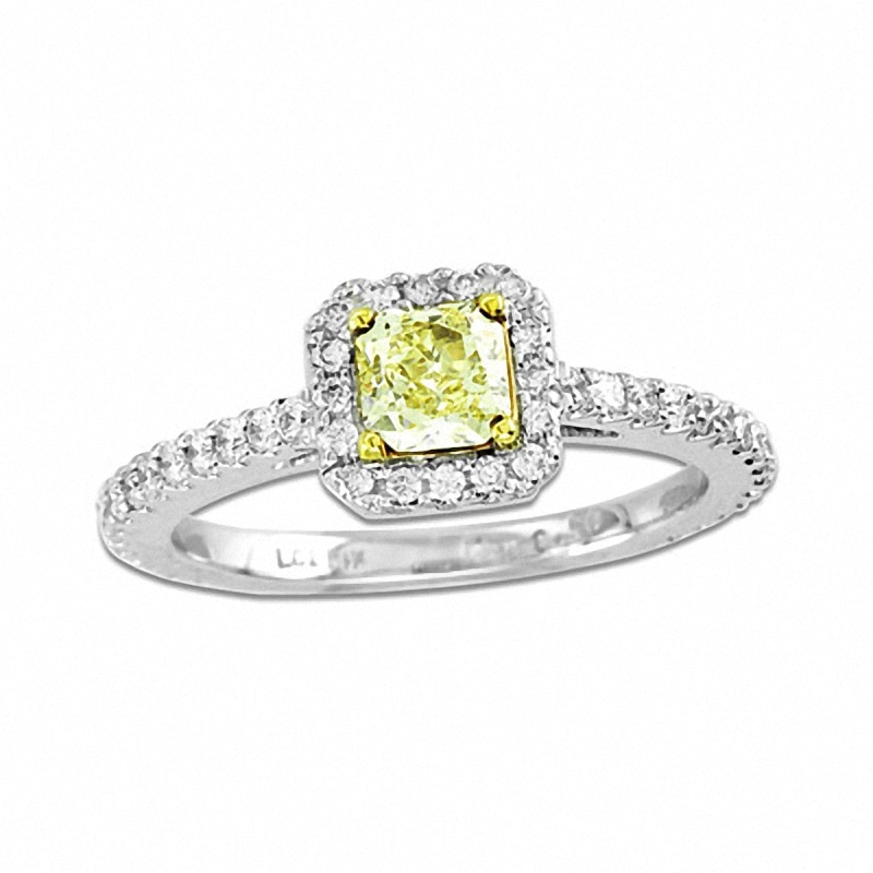 Main Image 1 of Previously Owned - 1 CT. T.W. Radiant-Cut Yellow and White Diamond Frame Engagement Ring in 14K White Gold