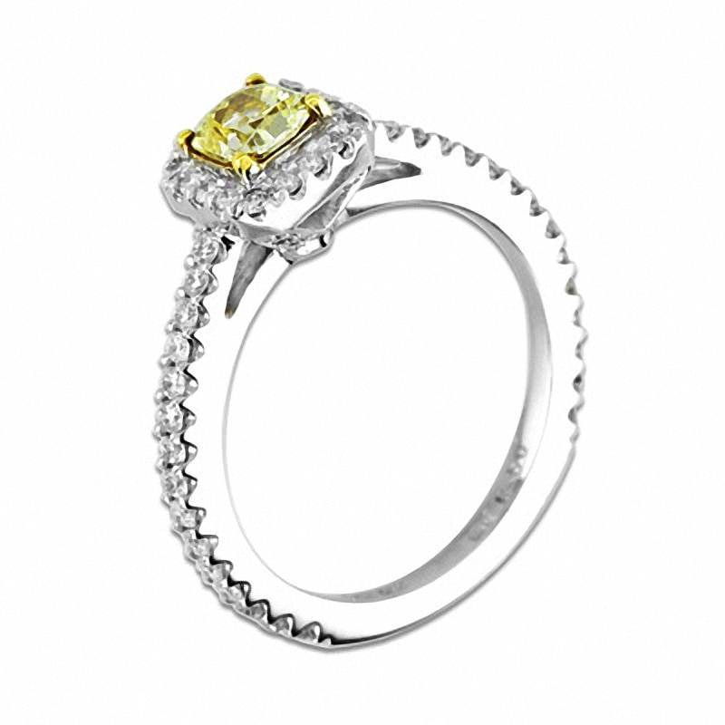 Main Image 2 of Previously Owned - 1 CT. T.W. Radiant-Cut Yellow and White Diamond Frame Engagement Ring in 14K White Gold