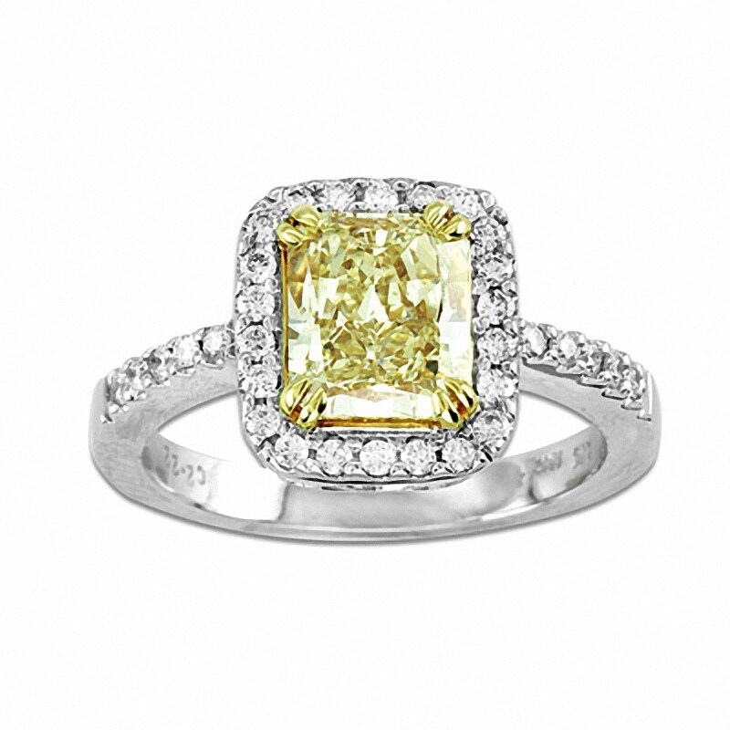 Main Image 1 of Previously Owned - 2-1/4 CT. T.W. Radiant-Cut Yellow and White Diamond Engagement Ring in 18K White Gold