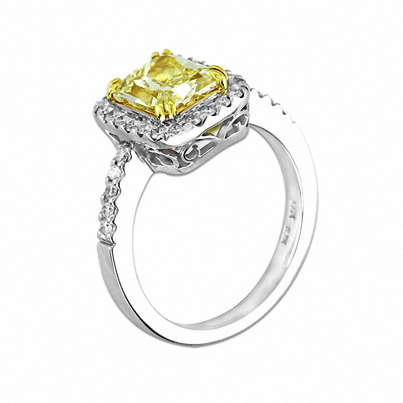 Main Image 2 of Previously Owned - 2-1/4 CT. T.W. Radiant-Cut Yellow and White Diamond Engagement Ring in 18K White Gold