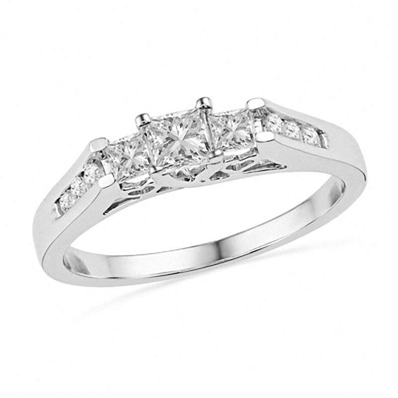 Main Image 1 of Previously Owned - 1/2 CT. T.W. Princess-Cut Diamond Three Stone Ring in 10K White Gold
