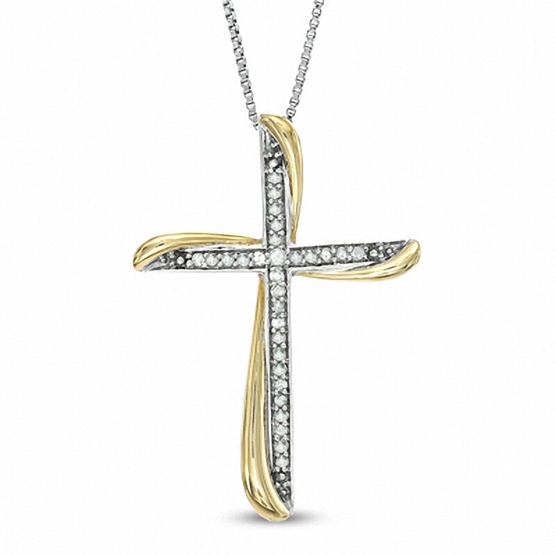 Main Image 1 of Previously Owned - 1/8 CT. T.W. Diamond Twist Cross Pendant in Sterling Silver and 14K Gold Plate