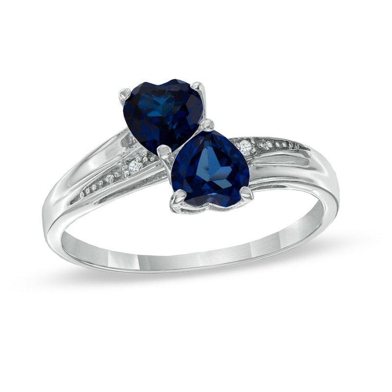 Main Image 1 of Previously Owned - Heart-Shaped Lab-Created Blue Sapphire and Diamond Accent Double Heart Ring in Sterling Silver