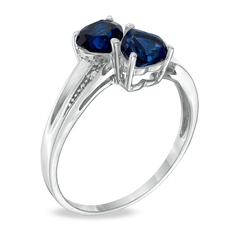Main Image 2 of Previously Owned - Heart-Shaped Lab-Created Blue Sapphire and Diamond Accent Double Heart Ring in Sterling Silver