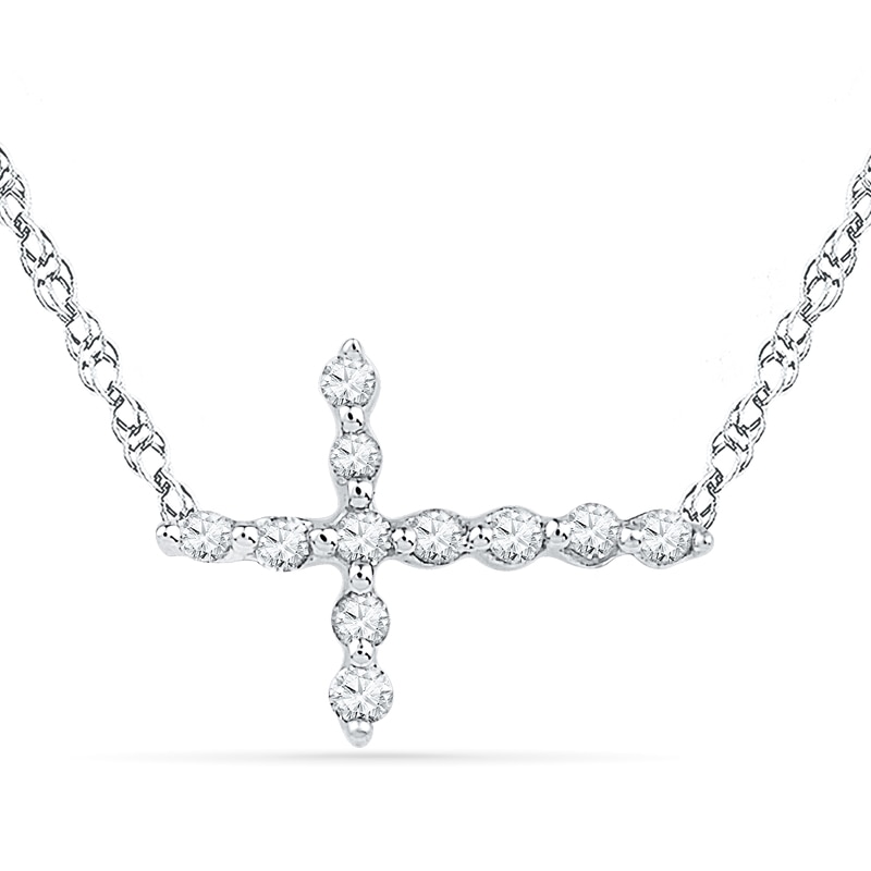 Main Image 1 of Previously Owned - 1/20 CT. T.W. Diamond Sideways Cross Necklace in 10K White Gold