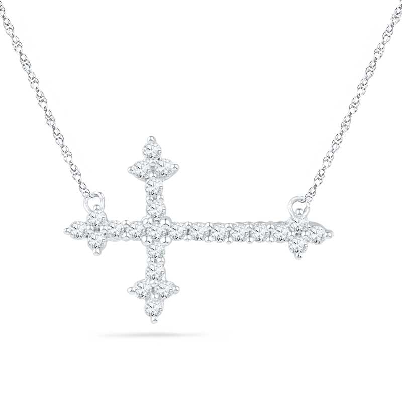 Main Image 1 of Previously Owned - Lab-Created White Sapphire Sideways Cross Necklace in Sterling Silver