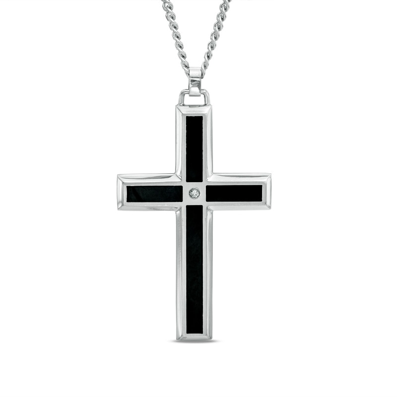 Main Image 1 of Previously Owned - Men's Diamond Accent Black Enameled Cross Pendant in Stainless Steel - 24"