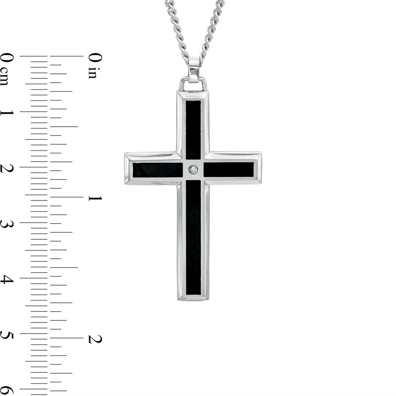 Main Image 2 of Previously Owned - Men's Diamond Accent Black Enameled Cross Pendant in Stainless Steel - 24"
