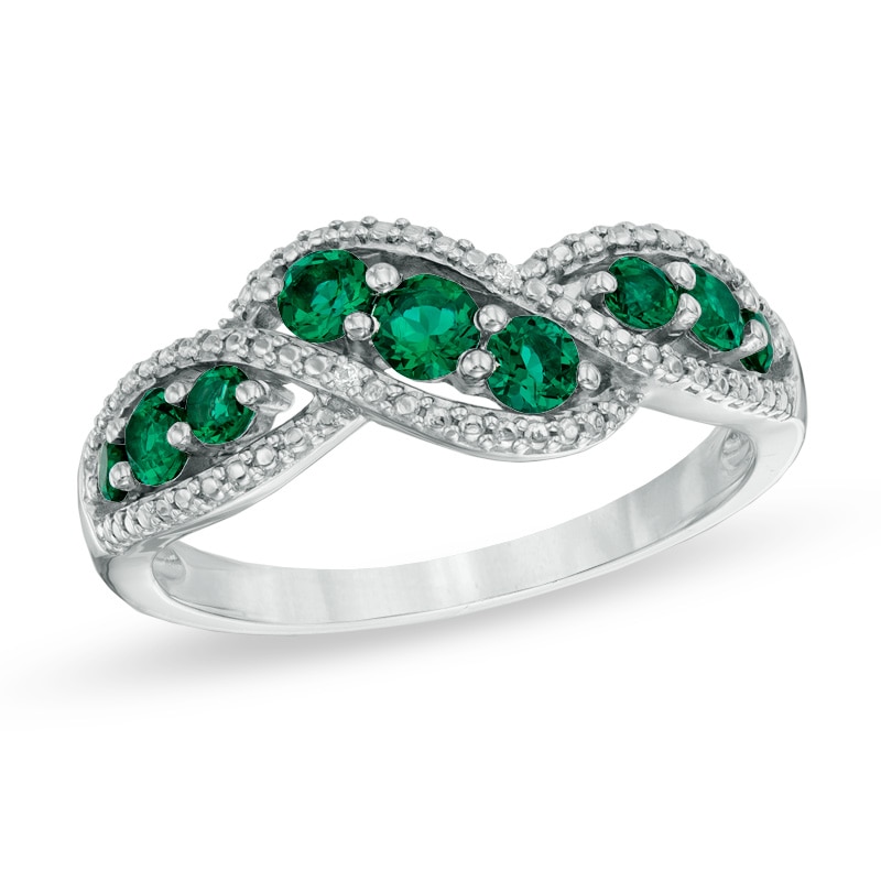 Main Image 1 of Previously Owned - Lab-Created Emerald and Diamond Accent Wave Ring in 10K White Gold