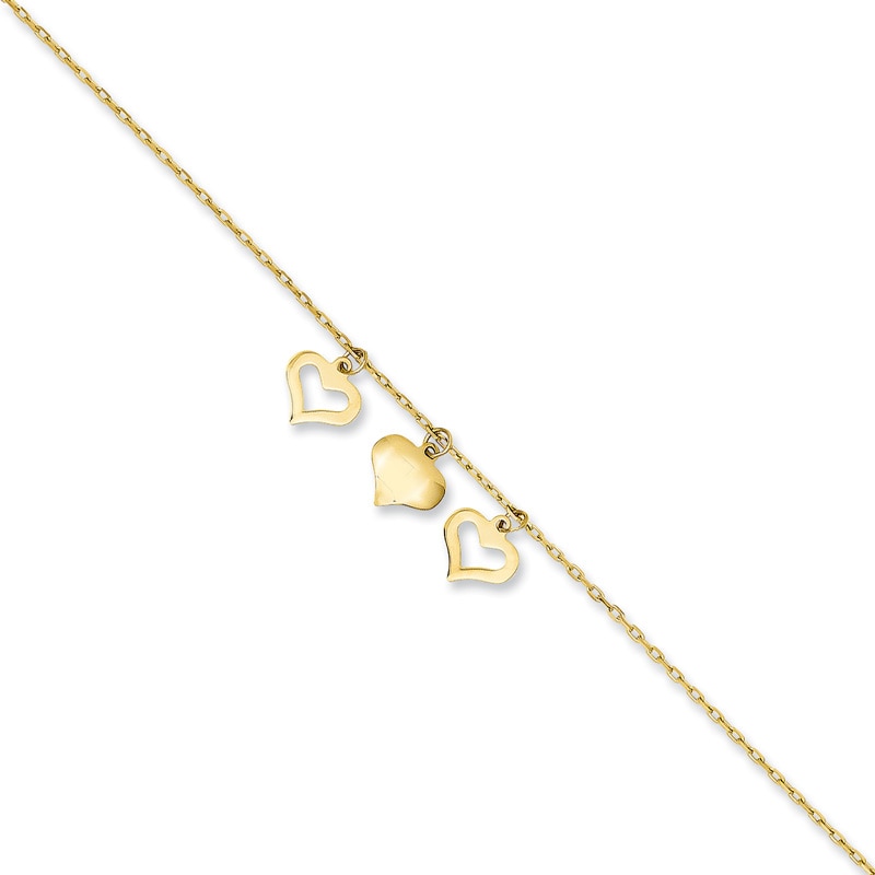 Main Image 1 of Previously Owned - Triple Heart Dangle Adjustable Anklet in 14K Gold - 10"