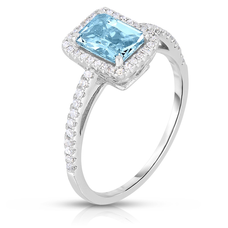 Main Image 2 of Previously Owned - Emerald-Cut Aquamarine and 1/5 CT. T.W. Diamond Frame Ring in 14K White Gold