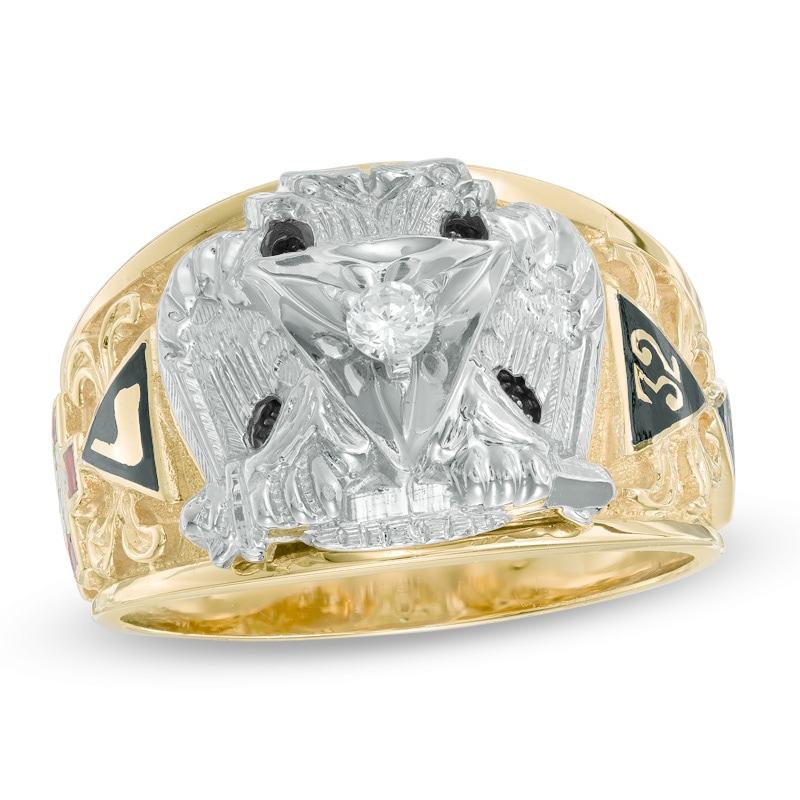 Previously Owned - Men's 1/10 CT. Diamond and Enamel Scottish Rite Masonic Ring in 10K Two-Tone Gold