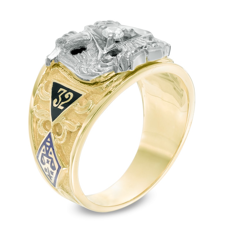 Previously Owned - Men's 1/10 CT. Diamond and Enamel Scottish Rite Masonic Ring in 10K Two-Tone Gold