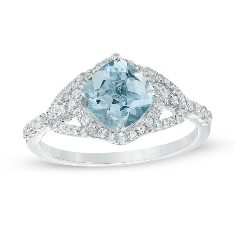 Main Image 1 of Previously Owned - 7.0mm Cushion-Cut Aquamarine and 1/3 CT. T.W. Diamond Frame Ring in 10K White Gold