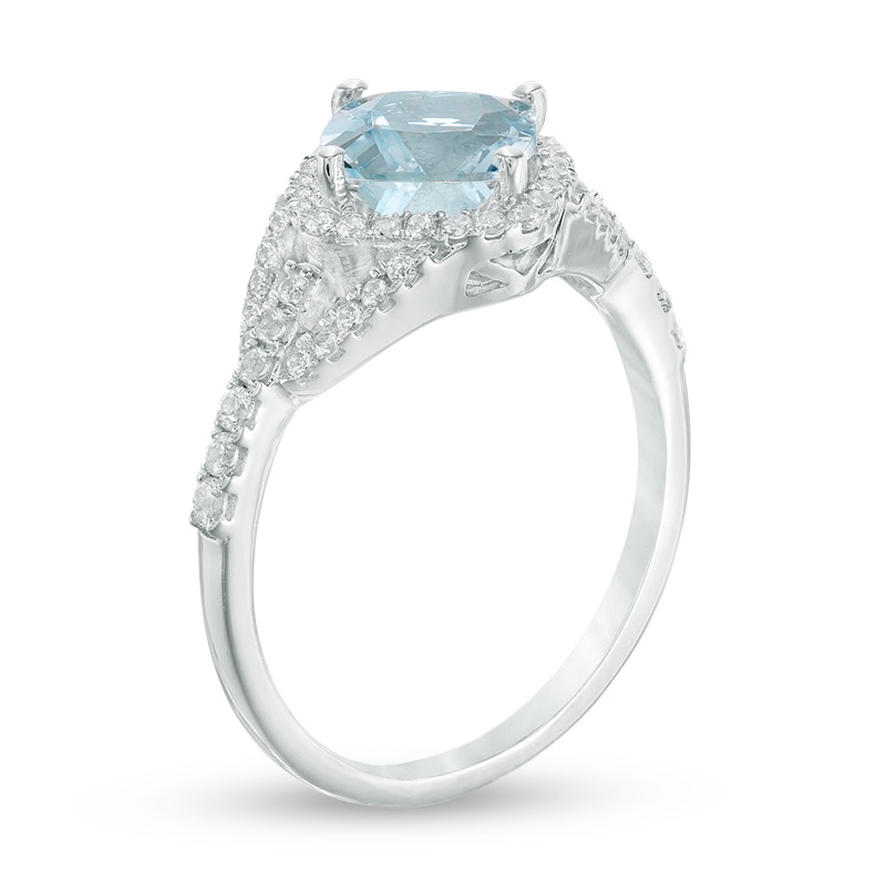 Main Image 2 of Previously Owned - 7.0mm Cushion-Cut Aquamarine and 1/3 CT. T.W. Diamond Frame Ring in 10K White Gold