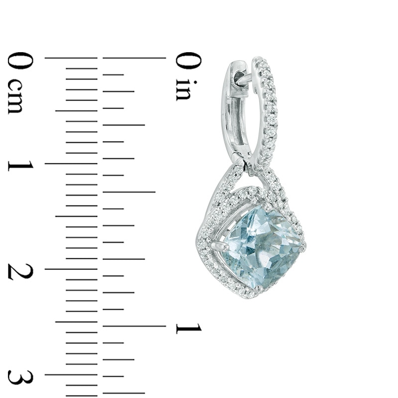 Main Image 2 of Previously Owned - Cushion-Cut Aquamarine and 1/3 CT. T.W. Diamond Frame Drop Earrings in 10K White Gold