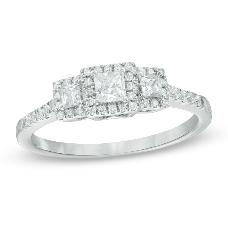 Previously Owned - 1/2 CT. T.W. Princess-Cut Diamond Frame Past Present Future® Engagement Ring in 14K White Gold