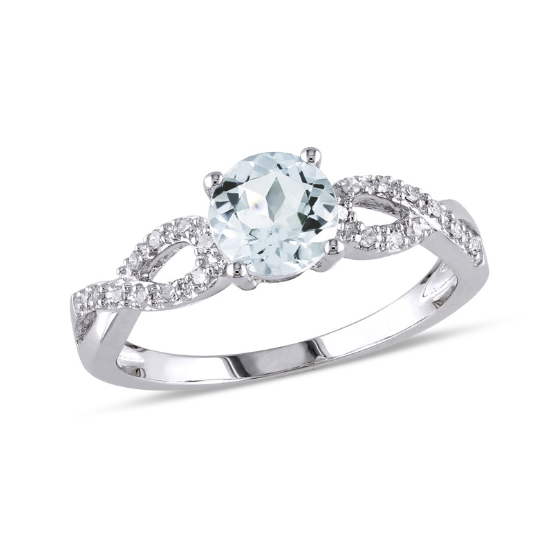 Previously Owned - 6.0mm Aquamarine and Diamond Accent Twist Shank Ring in 10K White Gold