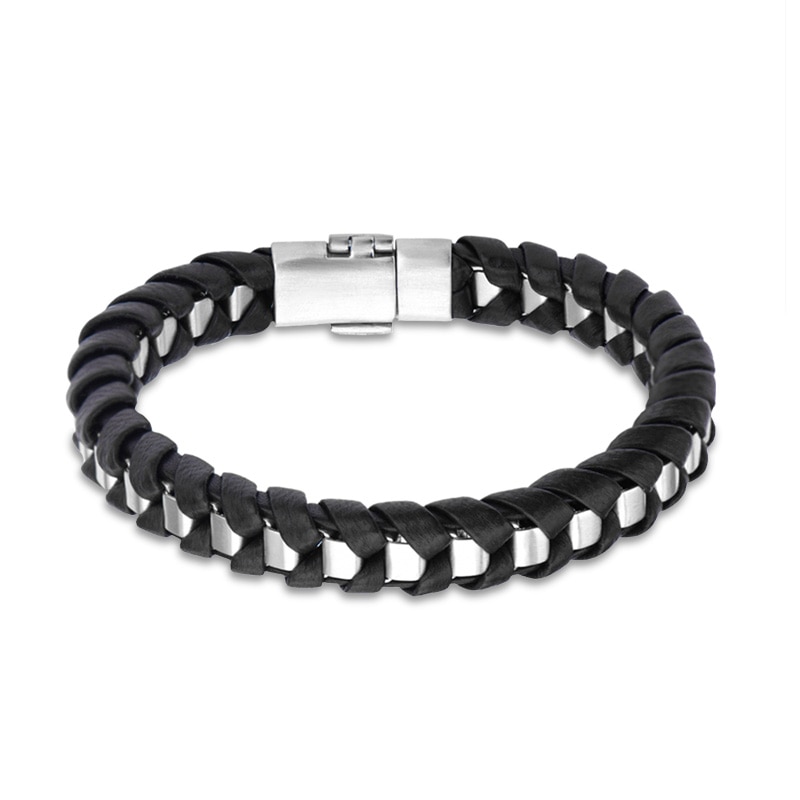 Main Image 1 of Previously Owned - Men's Woven Black Leather Bracelet in Stainless Steel - 8.5"
