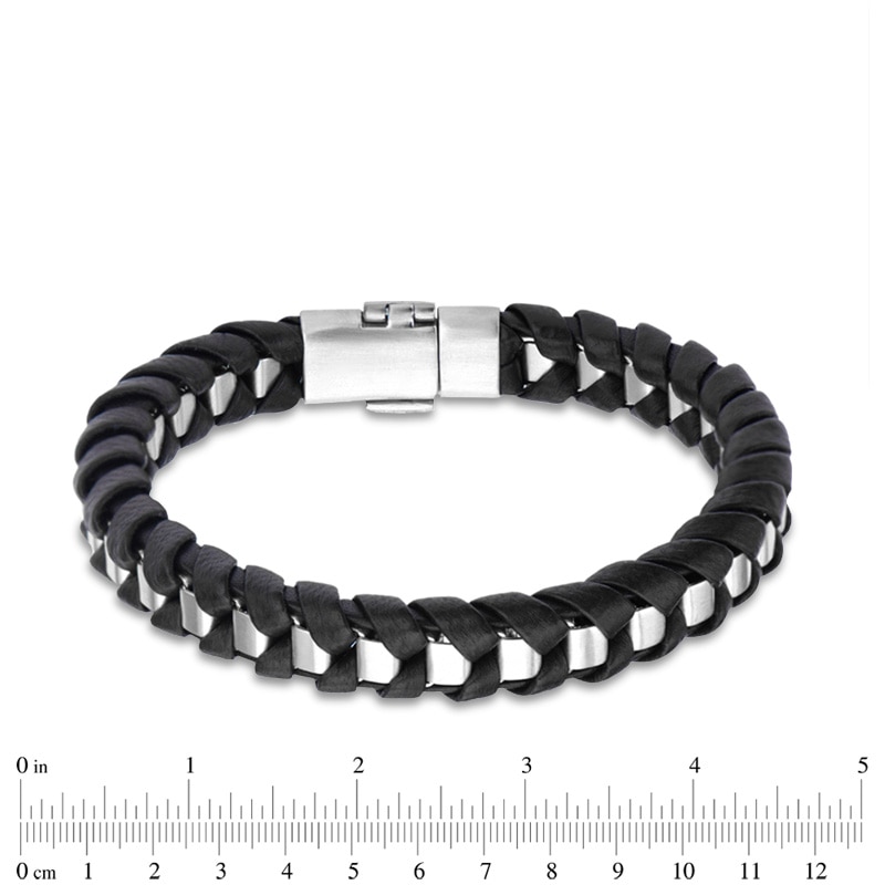 Main Image 2 of Previously Owned - Men's Woven Black Leather Bracelet in Stainless Steel - 8.5"