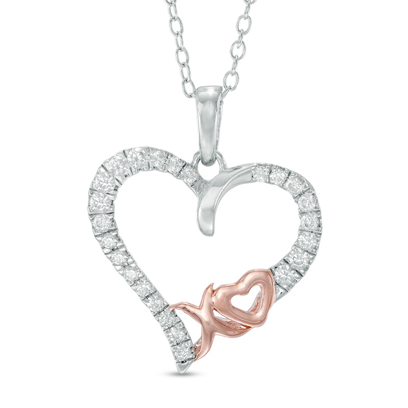Main Image 1 of Previously Owned - 1/3 CT. T.W. Diamond "XO" Heart Pendant in Sterling Silver with 14K Rose Gold Plate