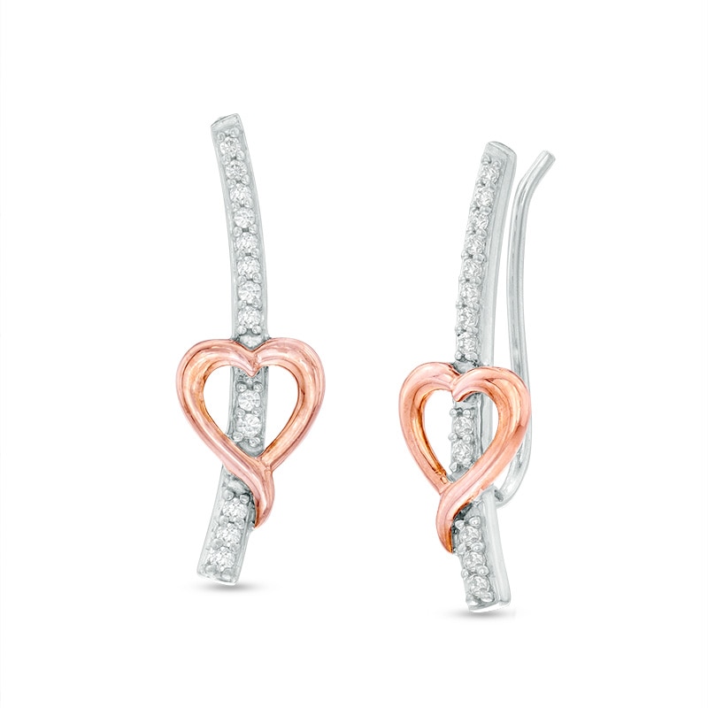Main Image 1 of Previously Owned - 1/5 CT. T.W. Diamond Heart Crawler Earrings in Sterling Silver and 10K Rose Gold