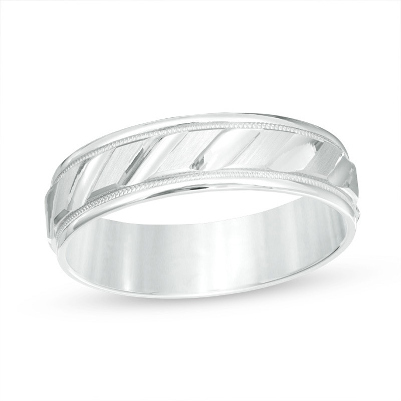 Main Image 1 of Previously Owned - Men's 6.0mm Brushed Milgrain Slant Comfort Fit Wedding Band in 14K White Gold