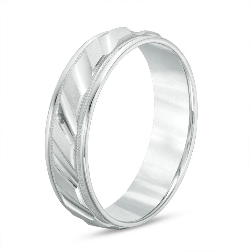 Main Image 2 of Previously Owned - Men's 6.0mm Brushed Milgrain Slant Comfort Fit Wedding Band in 14K White Gold