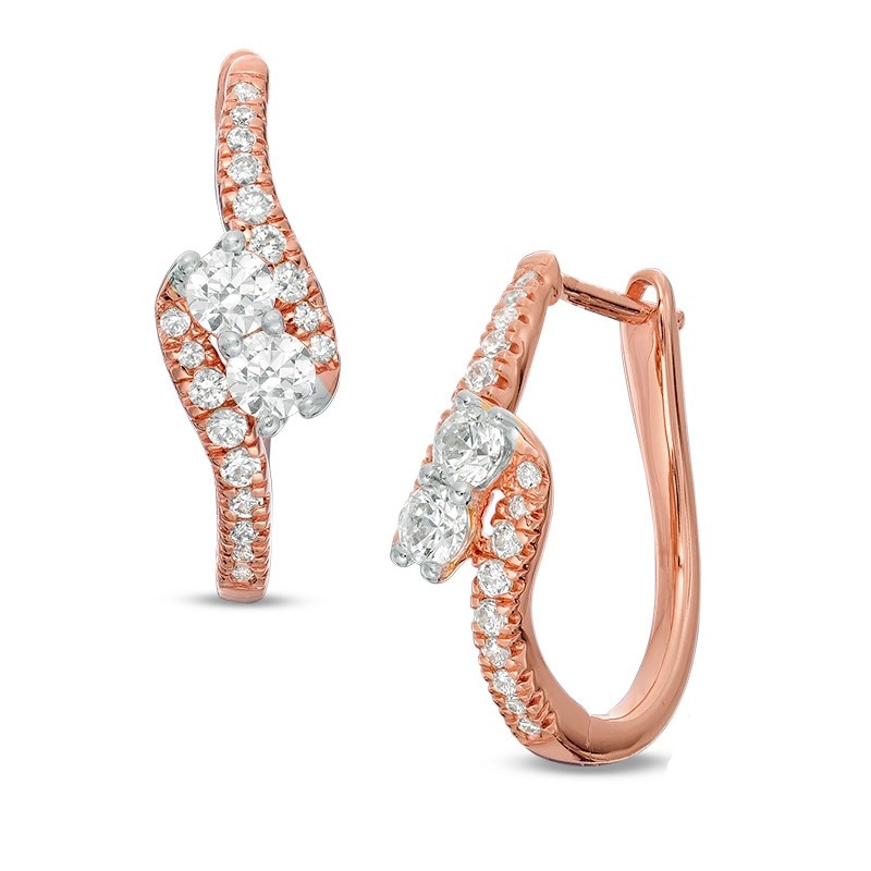 Main Image 1 of Previously Owned - Ever Us® 5/8 CT. T.W. Two-Stone Diamond Bypass Hoop Earrings in 14K Rose Gold