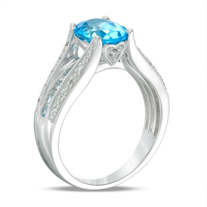 Main Image 2 of Previously Owned - Oval Swiss Blue Topaz and 1/10 CT. T.W. Diamond Triple Row Cathedral Ring in 10K White Gold