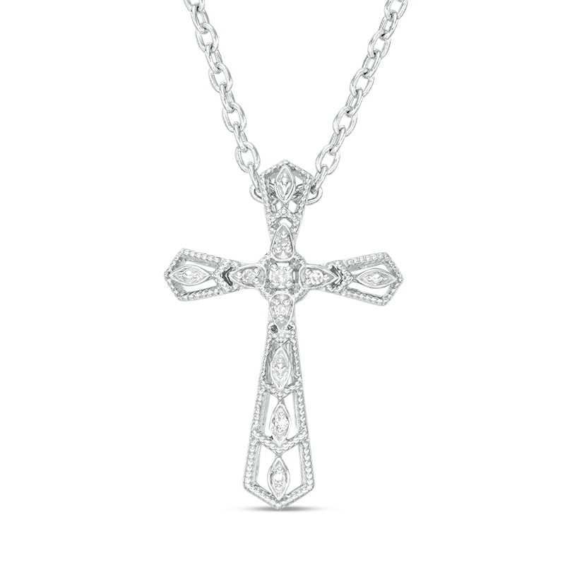 Main Image 1 of Previously Owned - Diamond Accent Vintage-Style Chevron Cross Pendant in Sterling Silver